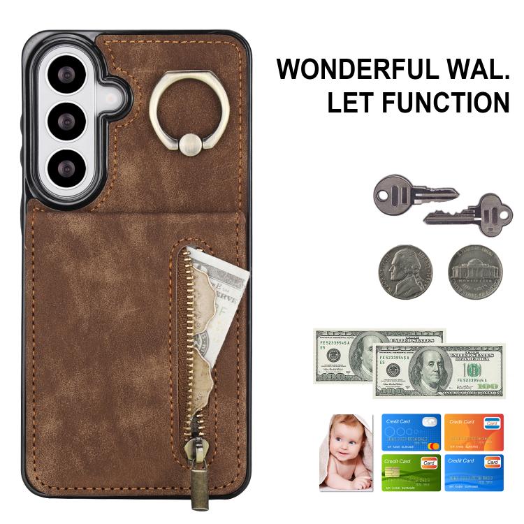 For Samsung Galaxy S26 5G Retro Ring and Zipper RFID Card Slot Phone Case