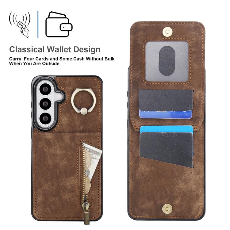 For Samsung Galaxy S26 5G Retro Ring and Zipper RFID Card Slot Phone Case