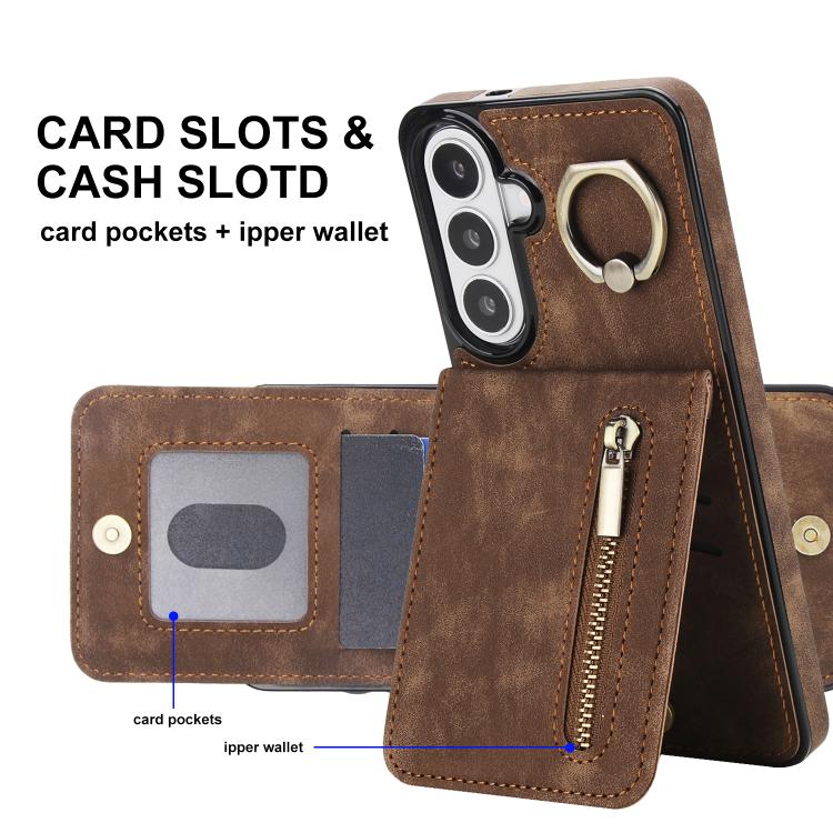 For Samsung Galaxy S26 5G Retro Ring and Zipper RFID Card Slot Phone Case