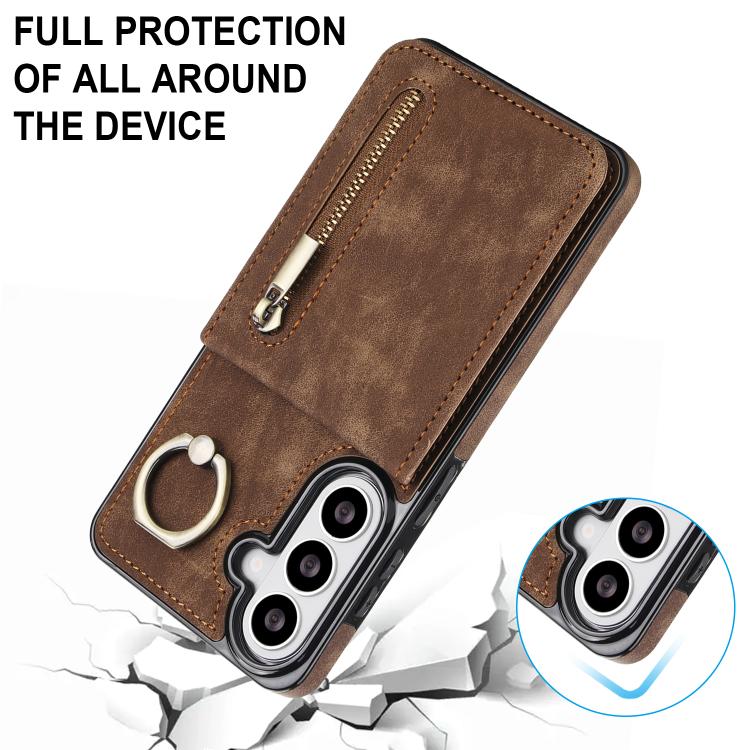 For Samsung Galaxy S26 5G Retro Ring and Zipper RFID Card Slot Phone Case