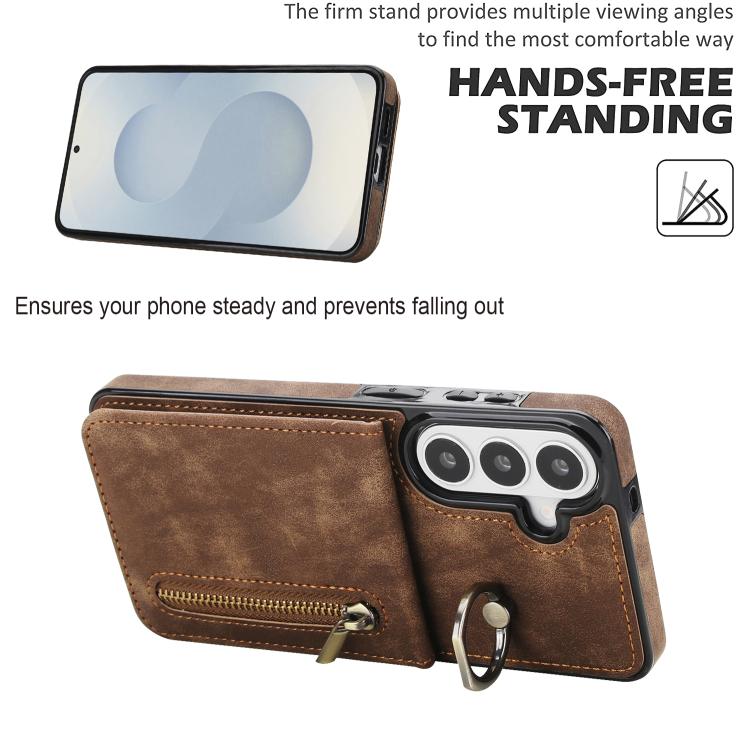For Samsung Galaxy S26 5G Retro Ring and Zipper RFID Card Slot Phone Case