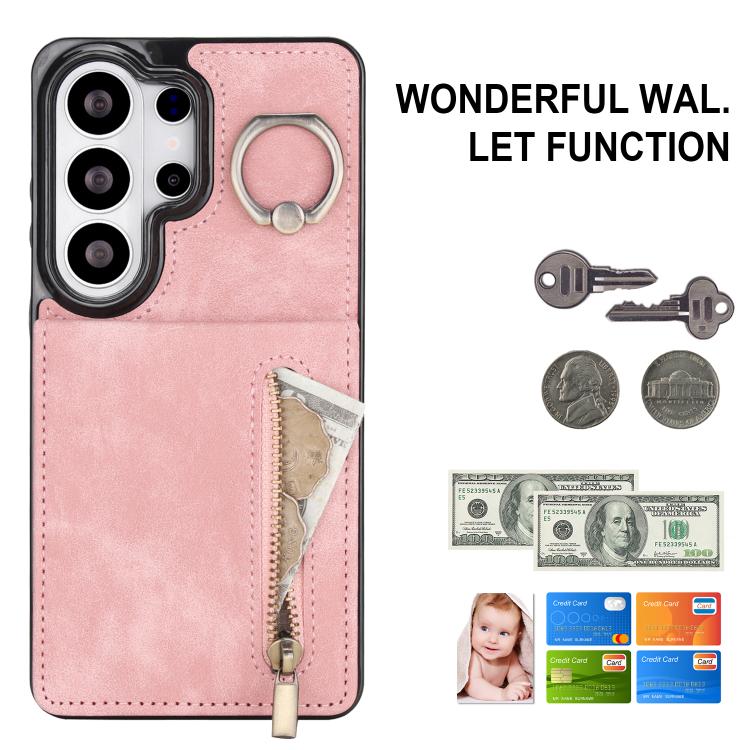 For Samsung Galaxy S26 Ultra 5G Retro Ring and Zipper RFID Card Slot Phone Case