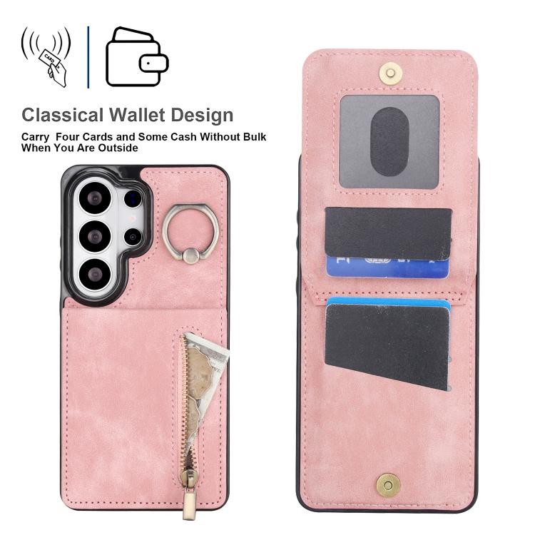 For Samsung Galaxy S26 Ultra 5G Retro Ring and Zipper RFID Card Slot Phone Case