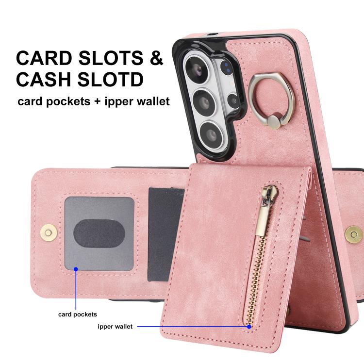 For Samsung Galaxy S26 Ultra 5G Retro Ring and Zipper RFID Card Slot Phone Case