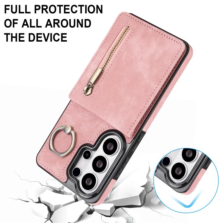 For Samsung Galaxy S26 Ultra 5G Retro Ring and Zipper RFID Card Slot Phone Case