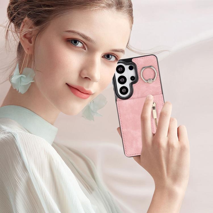 For Samsung Galaxy S26 Ultra 5G Retro Ring and Zipper RFID Card Slot Phone Case