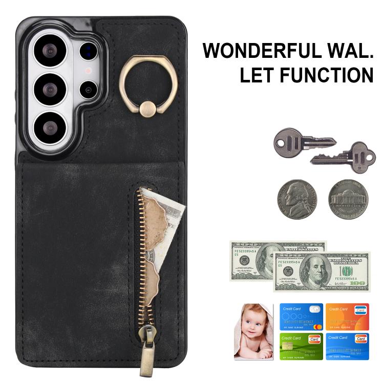 For Samsung Galaxy S26 Ultra 5G Retro Ring and Zipper RFID Card Slot Phone Case