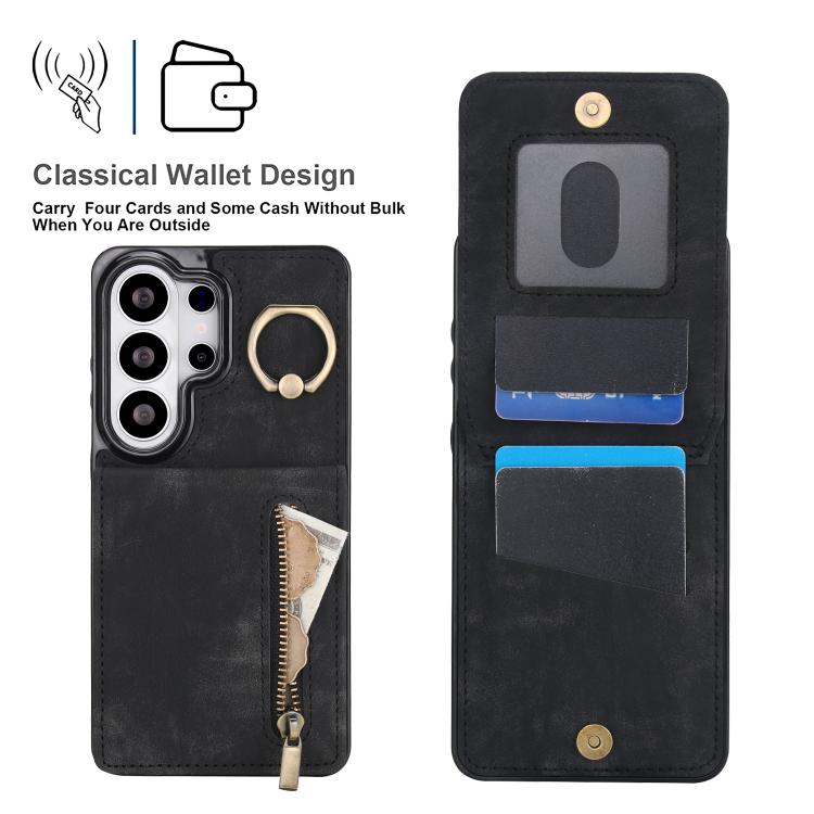 For Samsung Galaxy S26 Ultra 5G Retro Ring and Zipper RFID Card Slot Phone Case