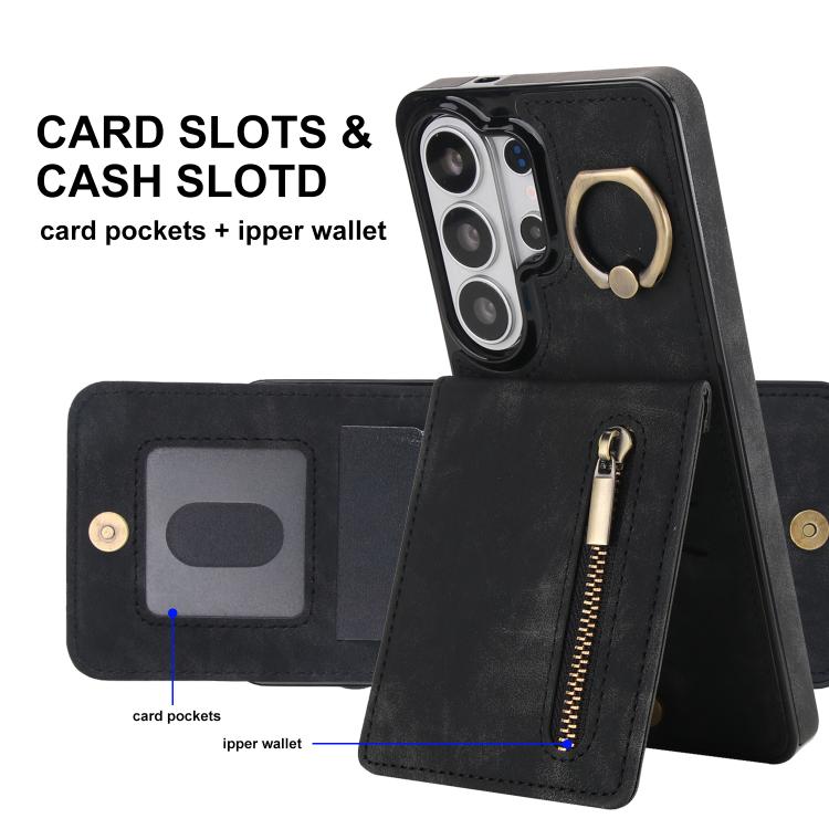 For Samsung Galaxy S26 Ultra 5G Retro Ring and Zipper RFID Card Slot Phone Case