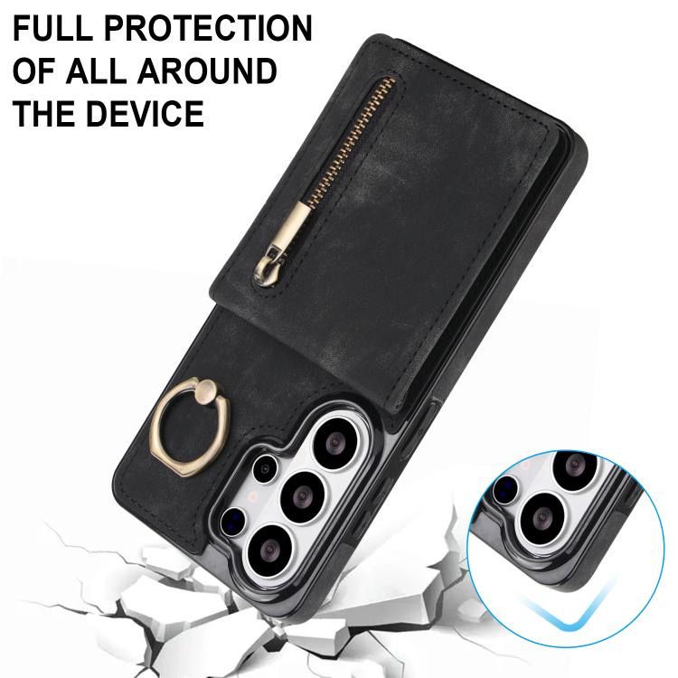 For Samsung Galaxy S26 Ultra 5G Retro Ring and Zipper RFID Card Slot Phone Case