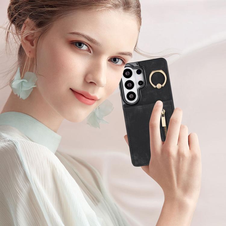 For Samsung Galaxy S26 Ultra 5G Retro Ring and Zipper RFID Card Slot Phone Case