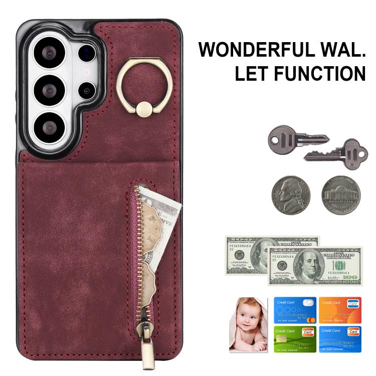 For Samsung Galaxy S26 Ultra 5G Retro Ring and Zipper RFID Card Slot Phone Case