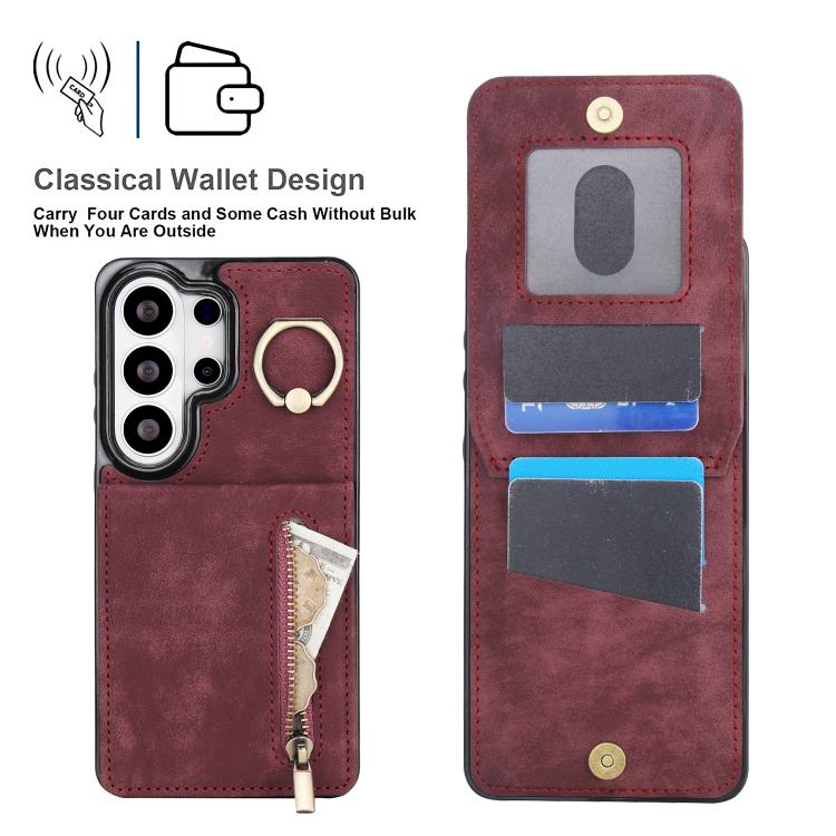 For Samsung Galaxy S26 Ultra 5G Retro Ring and Zipper RFID Card Slot Phone Case
