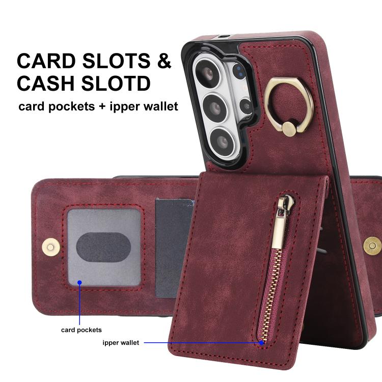For Samsung Galaxy S26 Ultra 5G Retro Ring and Zipper RFID Card Slot Phone Case