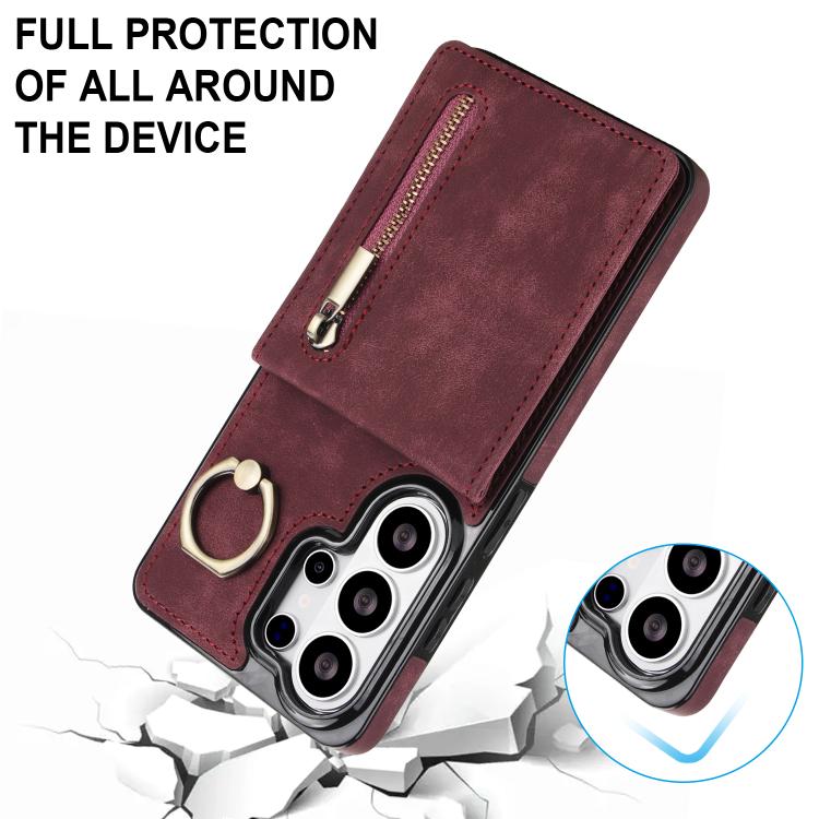 For Samsung Galaxy S26 Ultra 5G Retro Ring and Zipper RFID Card Slot Phone Case