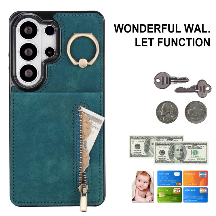 For Samsung Galaxy S26 Ultra 5G Retro Ring and Zipper RFID Card Slot Phone Case