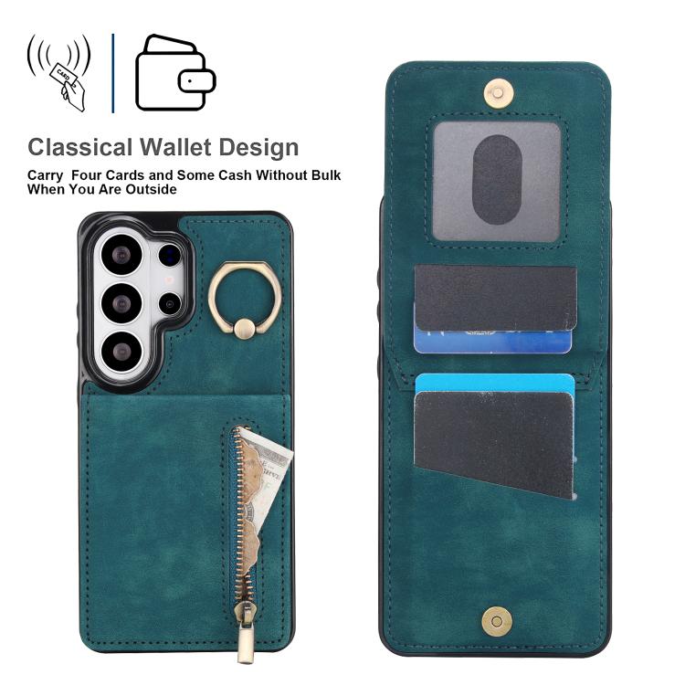 For Samsung Galaxy S26 Ultra 5G Retro Ring and Zipper RFID Card Slot Phone Case