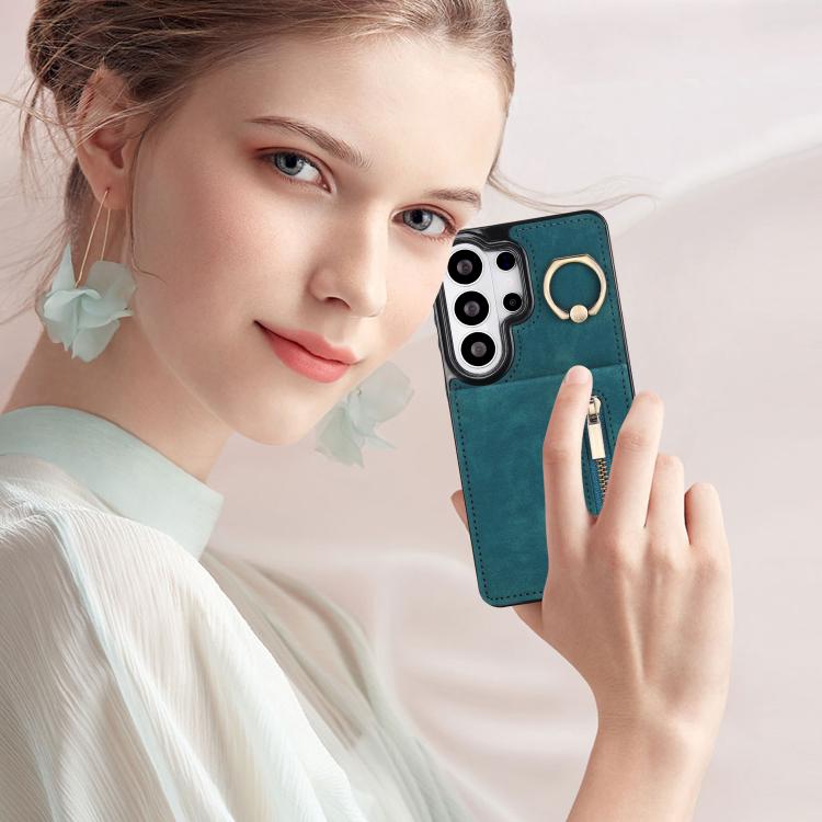 For Samsung Galaxy S26 Ultra 5G Retro Ring and Zipper RFID Card Slot Phone Case