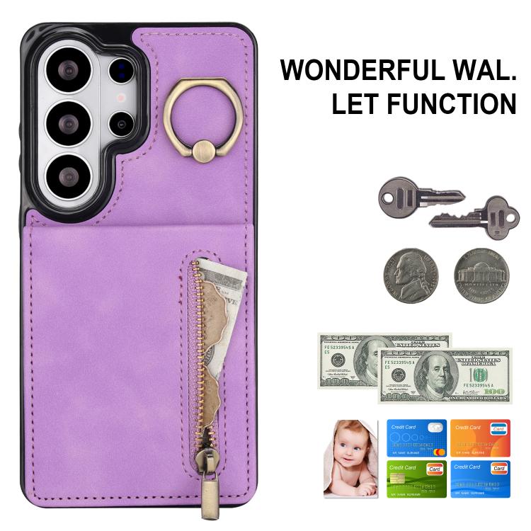 For Samsung Galaxy S26 Ultra 5G Retro Ring and Zipper RFID Card Slot Phone Case