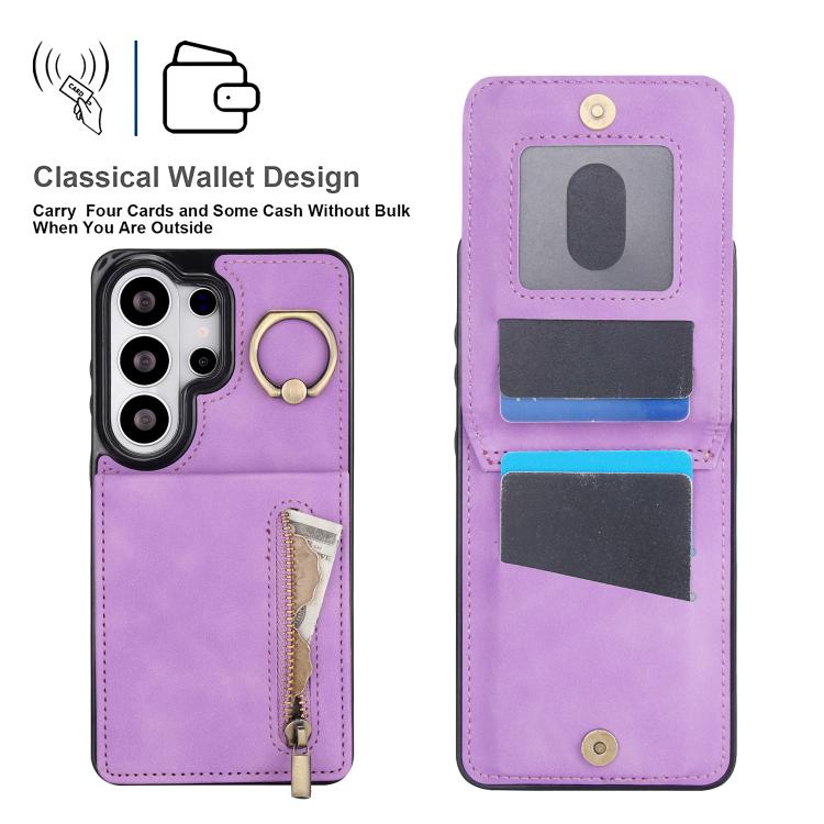 For Samsung Galaxy S26 Ultra 5G Retro Ring and Zipper RFID Card Slot Phone Case