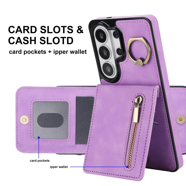 For Samsung Galaxy S26 Ultra 5G Retro Ring and Zipper RFID Card Slot Phone Case