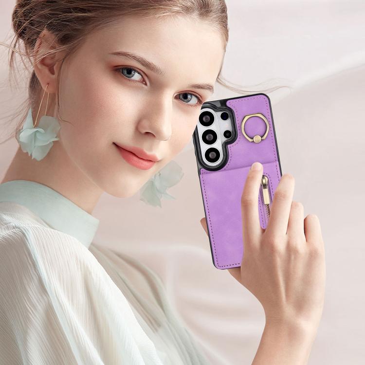 For Samsung Galaxy S26 Ultra 5G Retro Ring and Zipper RFID Card Slot Phone Case