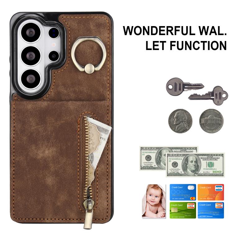 For Samsung Galaxy S26 Ultra 5G Retro Ring and Zipper RFID Card Slot Phone Case
