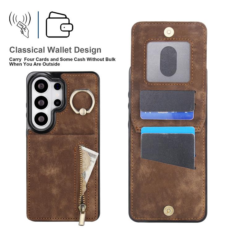 For Samsung Galaxy S26 Ultra 5G Retro Ring and Zipper RFID Card Slot Phone Case