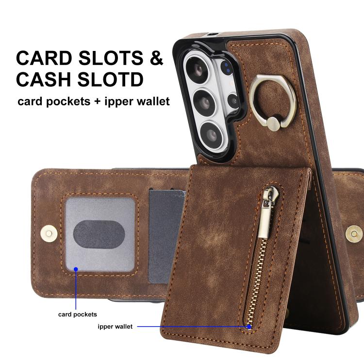 For Samsung Galaxy S26 Ultra 5G Retro Ring and Zipper RFID Card Slot Phone Case