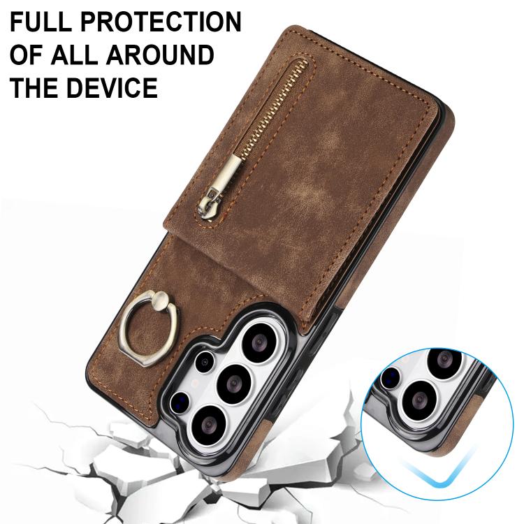 For Samsung Galaxy S26 Ultra 5G Retro Ring and Zipper RFID Card Slot Phone Case