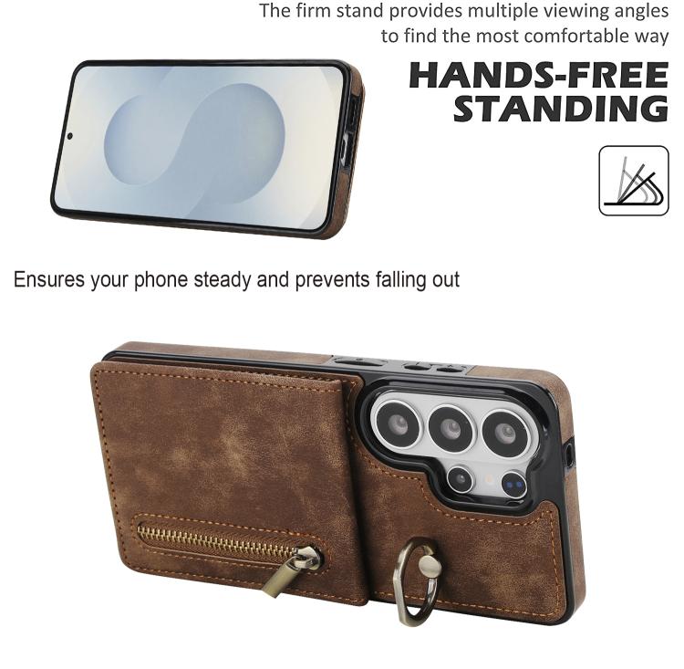 For Samsung Galaxy S26 Ultra 5G Retro Ring and Zipper RFID Card Slot Phone Case