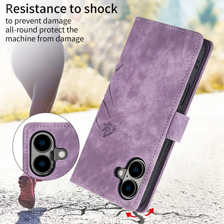For iPhone 16 Plus Orchid Butterfly Embossed Leather Phone Case