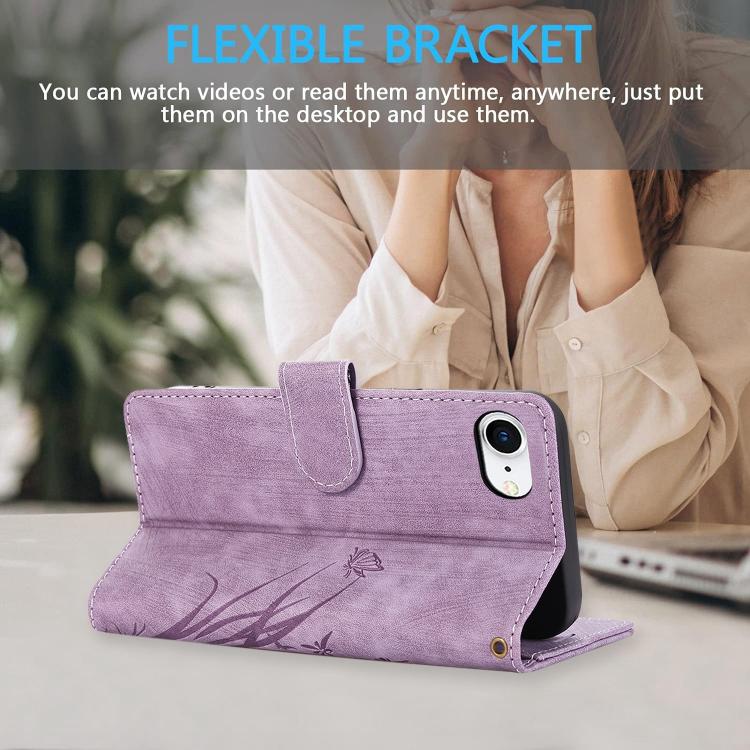 For iPhone 17e / 16e Orchid Butterfly Embossed Leather Phone Case