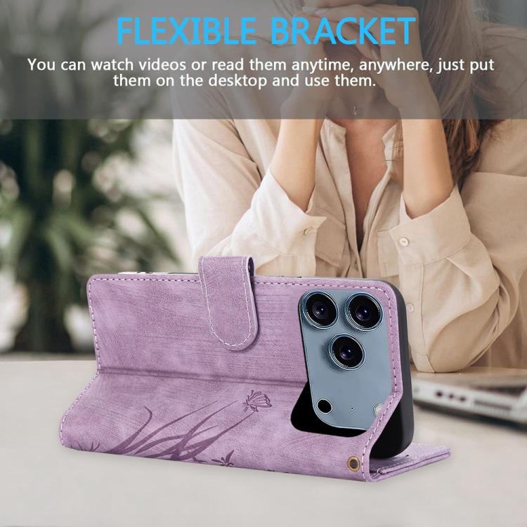 For iPhone 17 Pro Max Orchid Butterfly Embossed Leather Phone Case