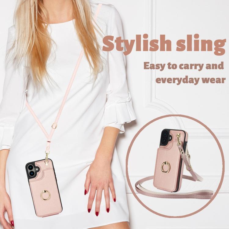For iPhone 16 Plus YM005 Skin Feel Card Bag Phone Case with Long Lanyard