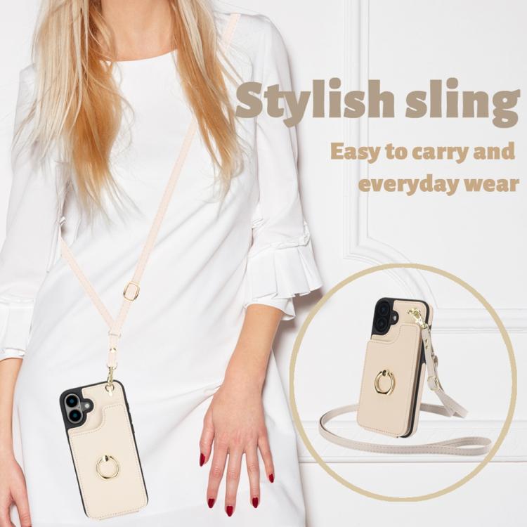 For iPhone 16 YM005 Skin Feel Card Bag Phone Case with Long Lanyard