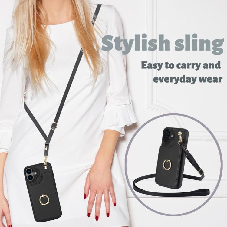 For iPhone 16 YM005 Skin Feel Card Bag Phone Case with Long Lanyard
