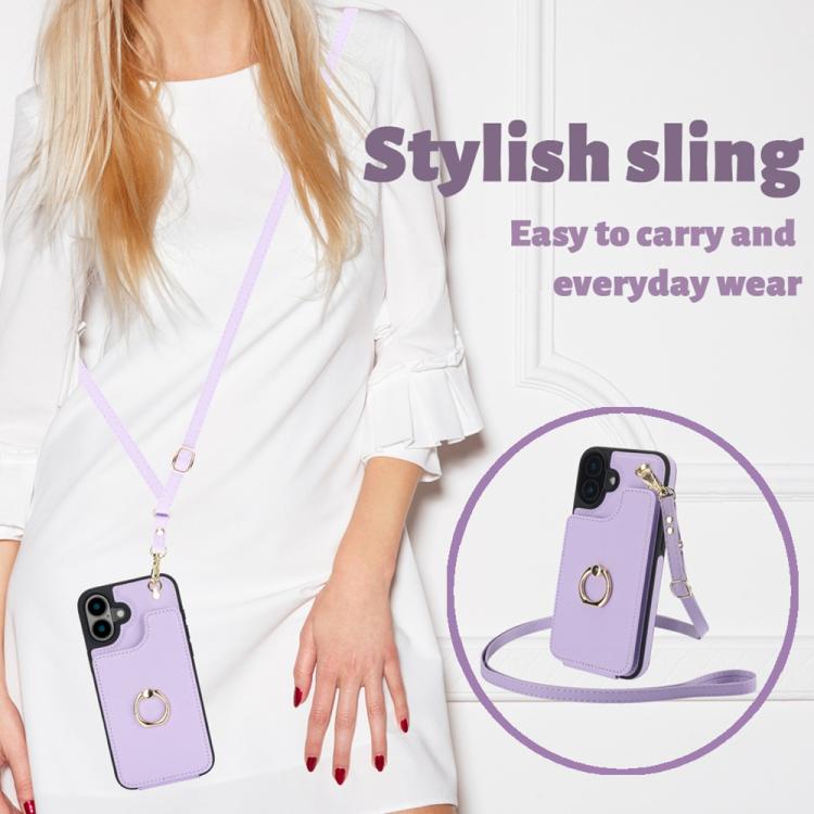 For iPhone 16 YM005 Skin Feel Card Bag Phone Case with Long Lanyard