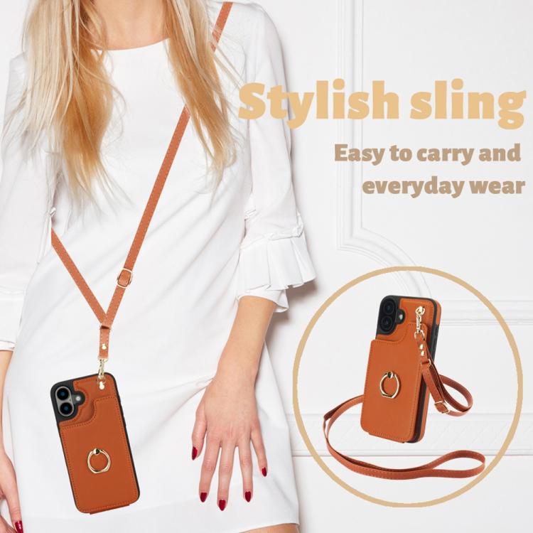For iPhone 16 YM005 Skin Feel Card Bag Phone Case with Long Lanyard