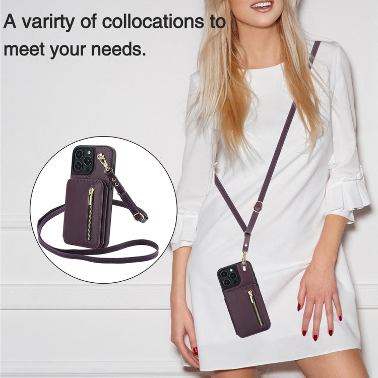 For iPhone 16 Pro Max YM006 Skin Feel Zipper Card Bag Phone Case with Dual Lanyard