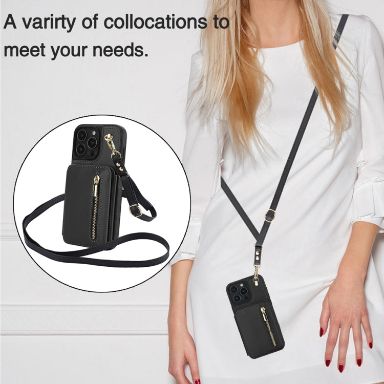 For iPhone 16 Pro Max YM006 Skin Feel Zipper Card Bag Phone Case with Dual Lanyard