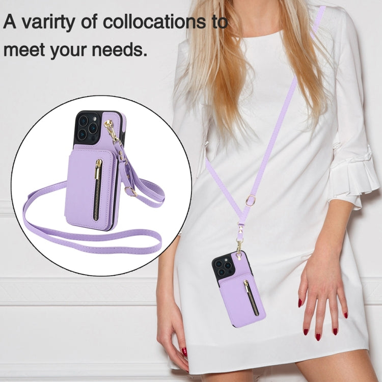 For iPhone 16 Pro Max YM006 Skin Feel Zipper Card Bag Phone Case with Dual Lanyard
