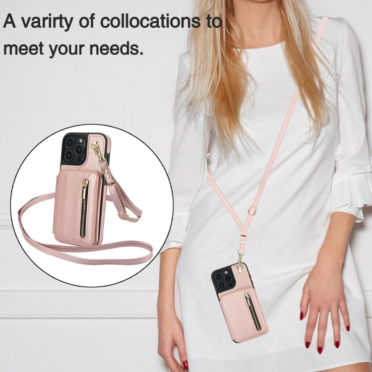 For iPhone 16 Pro Max YM006 Skin Feel Zipper Card Bag Phone Case with Dual Lanyard