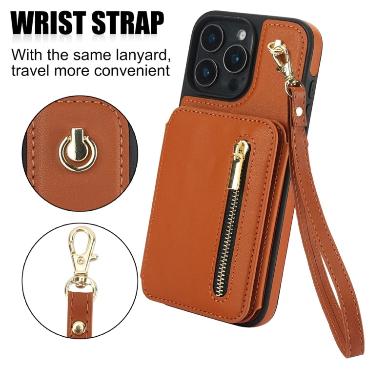 For iPhone 16 Pro Max YM006 Skin Feel Zipper Card Bag Phone Case with Dual Lanyard