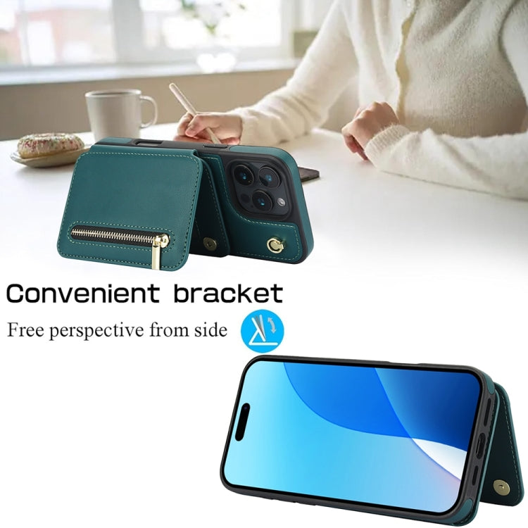 For iPhone 16 Pro Max YM006 Skin Feel Zipper Card Bag Phone Case with Dual Lanyard