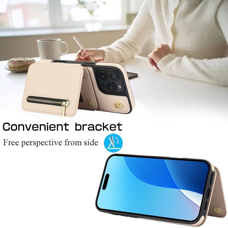 For iPhone 16 Pro YM006 Skin Feel Zipper Card Bag Phone Case with Dual Lanyard