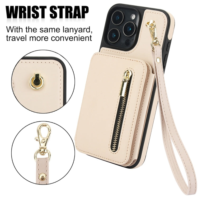 For iPhone 16 Pro YM006 Skin Feel Zipper Card Bag Phone Case with Dual Lanyard