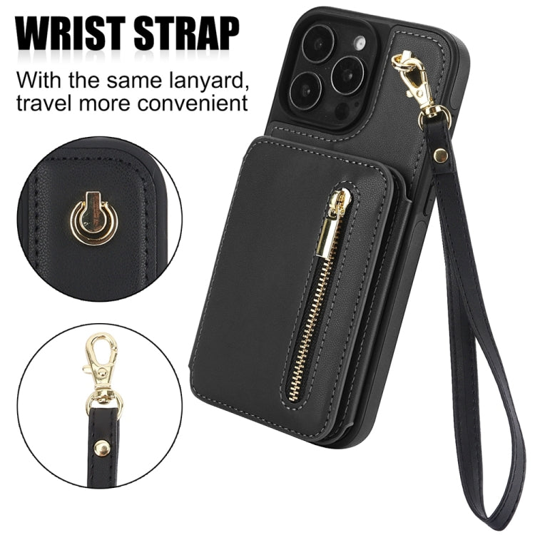 For iPhone 16 Pro YM006 Skin Feel Zipper Card Bag Phone Case with Dual Lanyard
