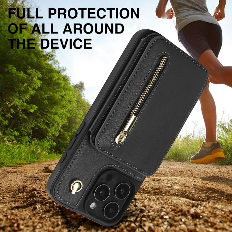 For iPhone 16 Pro YM006 Skin Feel Zipper Card Bag Phone Case with Dual Lanyard