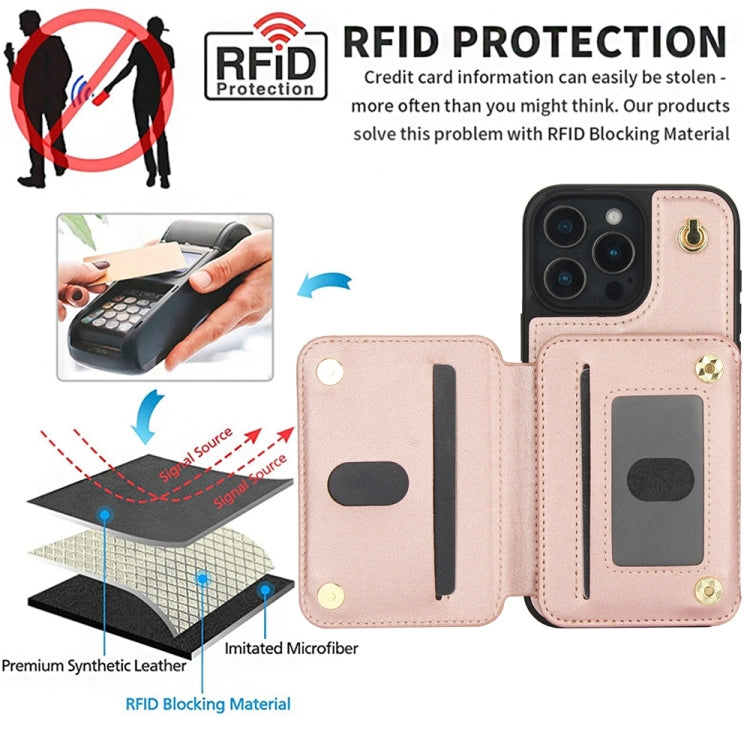 For iPhone 16 Pro YM006 Skin Feel Zipper Card Bag Phone Case with Dual Lanyard